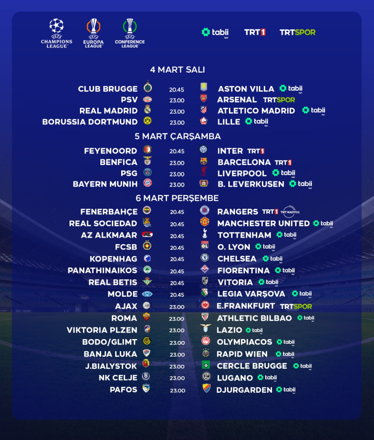 TRT’de 3 günde tam 24 UEFA maçı canlı yayınlanacak